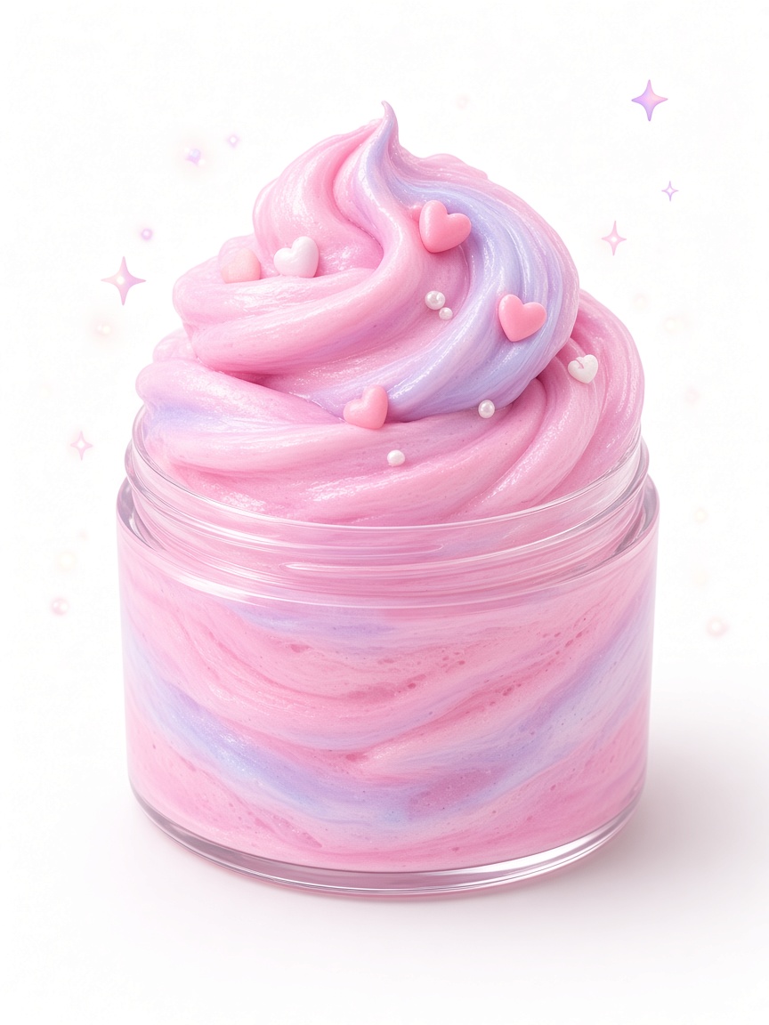 Pink and lavender Berry Butter slime in a clear jar