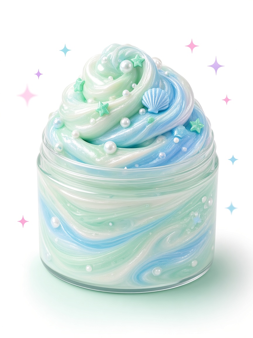 Mint, blue, and white Mint Melt slime in a clear jar