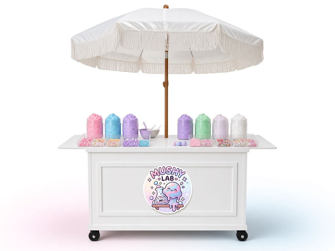 White Mushy Lab slime cart with a fringed umbrella, colorful slime jars, charms, and toppings