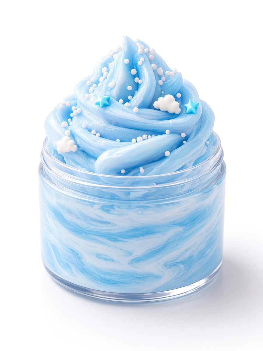 Blue and white Sky Cloud slime in a clear jar