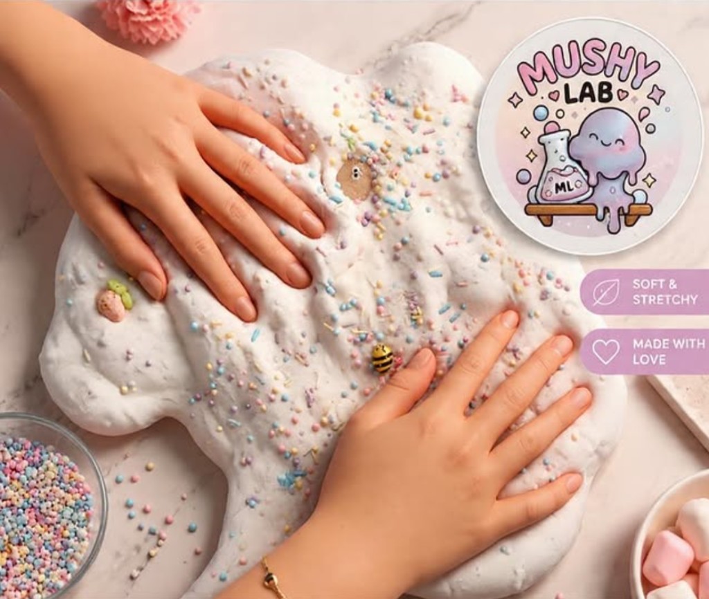 Children stretching soft white slime with colorful sprinkles at a Mushy Lab party